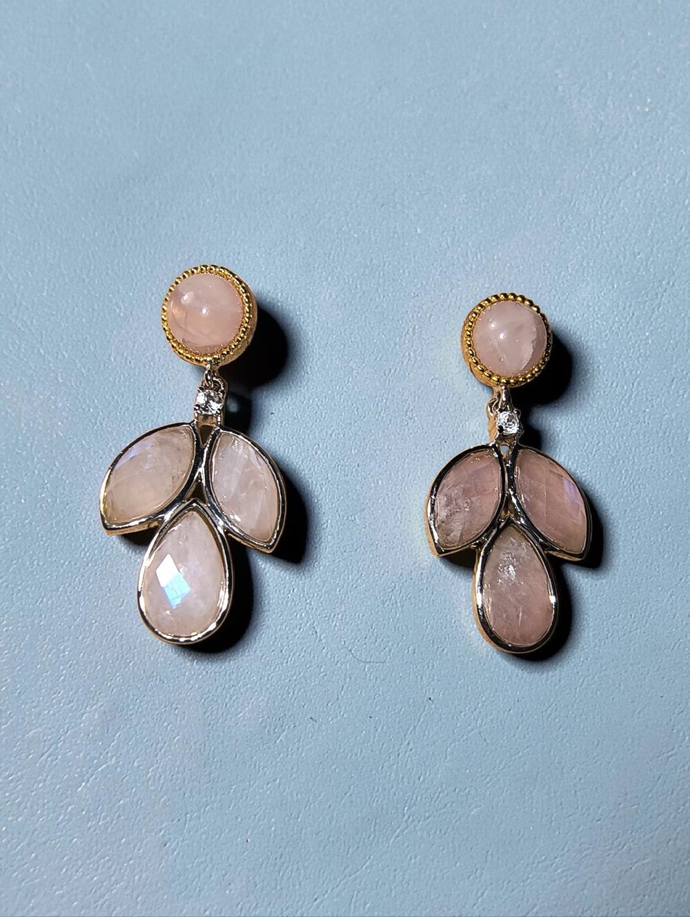 Rose Quartz, Rainbow Moonstone, White Zircon & Sterling Silver Earrings NWOT